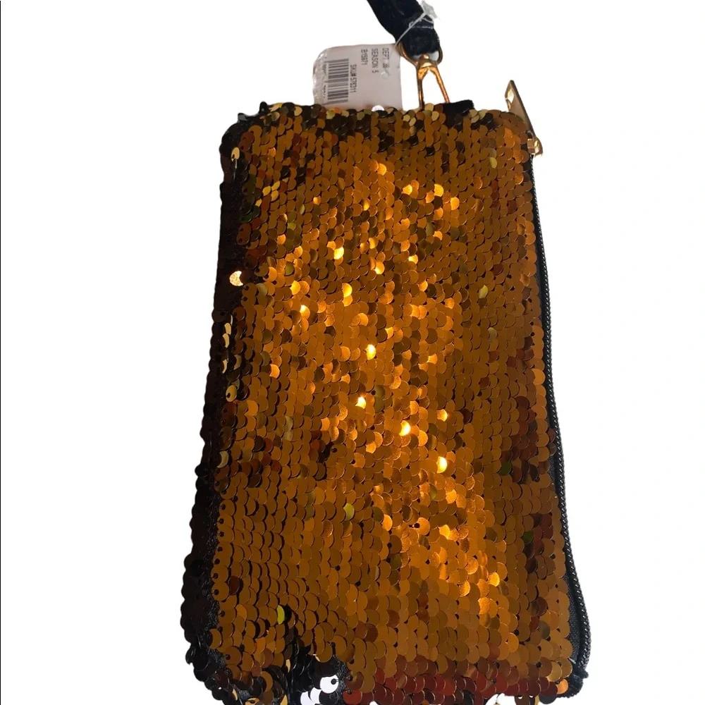 Black and Gold Sequined Mini Cosmetic Wristlet Bag